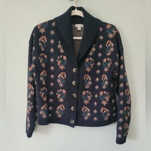 Garnet Hill Navy Floral Shawl-Collar Button Cardigan